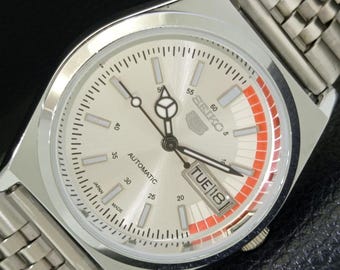 Vintage Seiko 5 Automatic Japan 6309a Refurbished Mens Day/Date Silver Color Dial Transparent Back Wrist Watch a440763-1