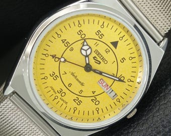 Reloj de pulsera vintage Seiko 5 6309a automático, reacondicionado, japonés, para hombre, con día/fecha, esfera amarilla, fondo transparente, a442173-1