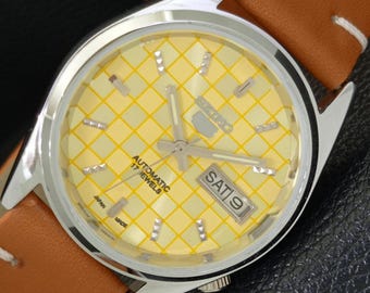 Klasyczny zegarek Seiko 5 Automatic 6309a, Japonia, odnowiony, męski, z datą i żółtą tarczą, z przezroczystym tyłem, a440427-1