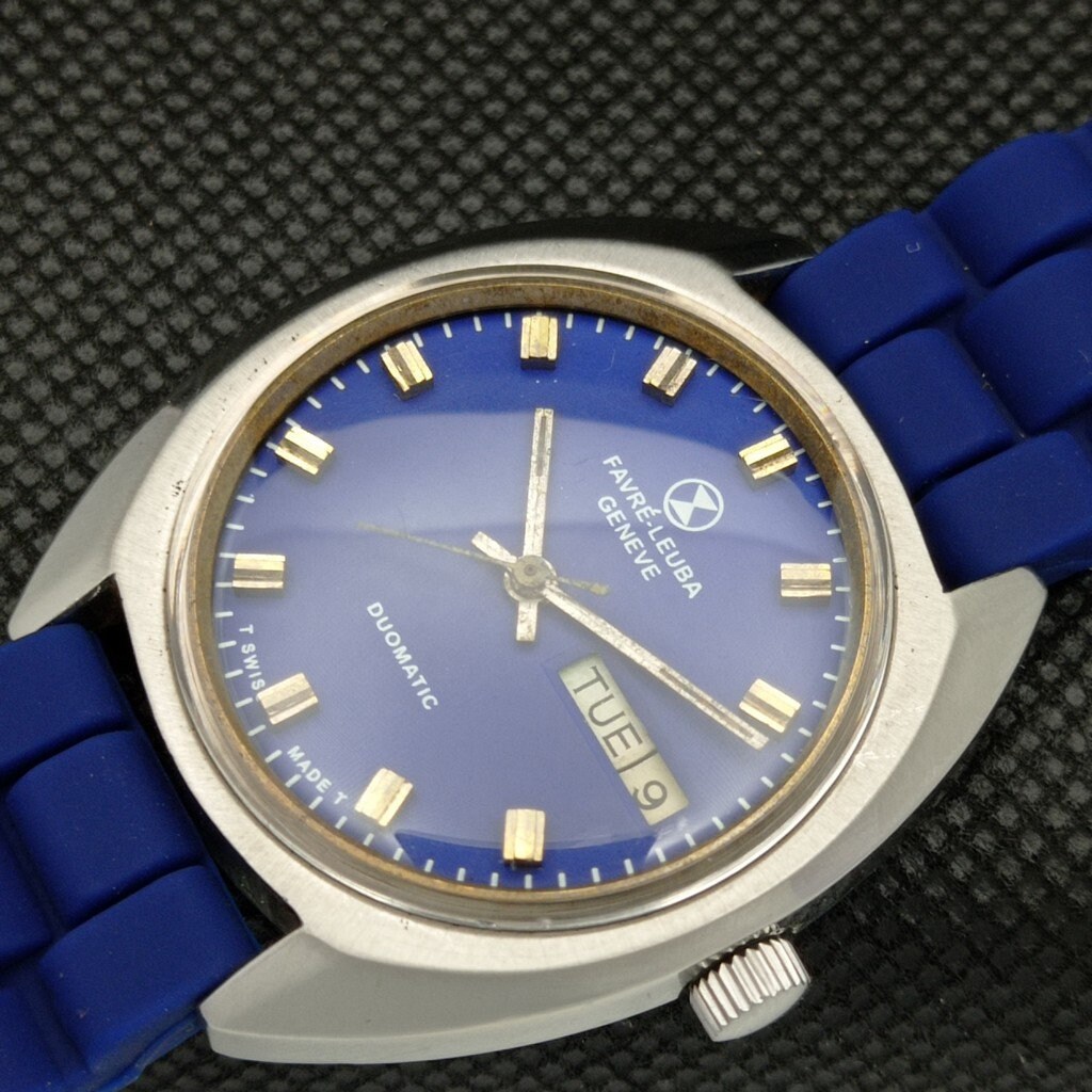 Vintage Favre Leuba Geneve Duomatic Swiss Mens Day/date Blue