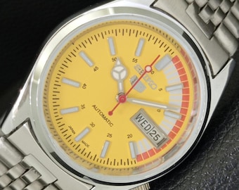 Klasyczny zegarek Seiko 5 Automatic 6309a, Japonia, odnowiony, męski, z datą i żółtą tarczą, z przezroczystym tyłem, a441086-1