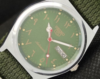 Vintage refurbished Seiko 5 automatic 6309a Japan mens day/date arabic green dial watch a277004-4