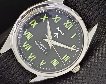 Genuine Vintage Hmt military indian mens wrist black dial watch 497i-a260111-1
