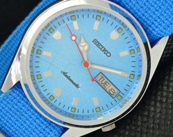 Vintage refurbished Seiko automatic 7009a Japan mens day/date sky blue dial watch 610b-a317903-1