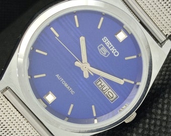 Orologio Seiko 5 automatico vintage rinnovato 6309a Giappone da uomo con giorno/data quadrante blu 593c-a314801-1