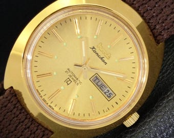Vintage Hmt Kanchan 6501 Automatic Indian Mens Day/Date Gold Plated Golden Dial Wrist Watch 568d-a301946-1