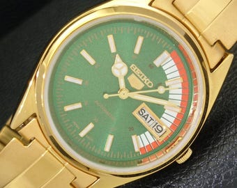 Vintage Seiko 5 Automatic 6309a Refurbished Japan Mens Day/Date Green Color Dial Transparent Back Wrist Watch a440682-1