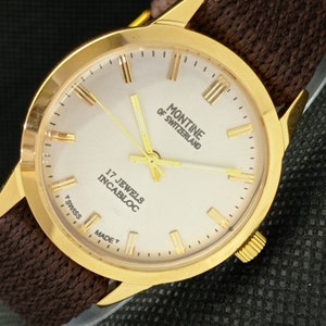 gold plated Vintage Montine 17 jewels incabloc winding Swiss mens silver dial wrist watch a285408-1