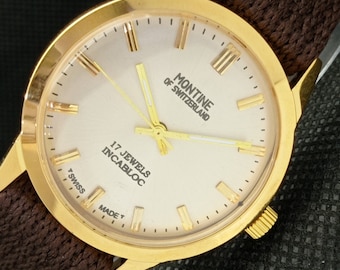 gold plated Vintage Montine 17 jewels incabloc winding Swiss mens silver dial wrist watch a285408-1