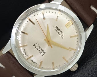 Vintage Montine of Switzerland 17 Jewels Incabloc Hand-Winding Mens Silver Color Dial Wrist Watch a444159-1