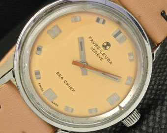 Vintage Favre leuba geneve sea chief 253 winding Swiss mens beige dial watch 606-a314510-4