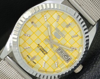 Automatyczny, zabytkowy zegarek Seiko 5 6309a, odnowiony, japoński, męski, z datą i żółtym kolorem tarczy, z przezroczystym tyłem, a440334-1