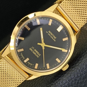 Vintage Montine handuppdragande schweizisk herrklocka med 17 juveler, renoverad, guldpläterad, svart urtavla, a441070-1