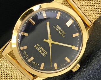 Vintage Montine Hand-Winding 17 Jewels Swiss Mens Refurbished Gold Plated Black Color Dial Wrist Watch a441070-1