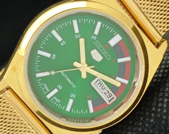 Vintage refurbished Seiko 5 automatic 6309a Japan mens day/date gold plated green dial watch a000002-1