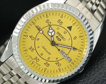 Odnowiony zegarek na rękę Seiko 5 Automatic 6309a z Japonii, męski, z datą i żółtym cyferblatem, z przezroczystym tyłem, a442913-1