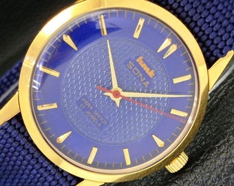 Genuine Vintage Hmt Sona Hand-Winding Indian Blue dial Mens Gold Plated Wrist Watch a426119-1