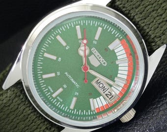 Automatic Vintage Seiko 5 6309a Refurbished Japan Mens Day/Date Green Color Dial Transparent Back Wrist Watch a440752-1