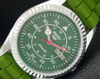 Refurbished Vintage Seiko 5 Automatic 6309a Japan Mens Day/Date Green Color Dial Transparent Back Wrist Watch a442936-1