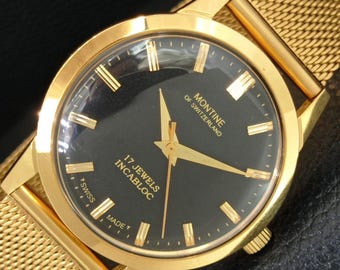 Vintage Montine Handaufzug 17 Jewels Schweizer Herren Refurbliert Vergoldetes Schwarzes Zifferblatt Armbanduhr A444163-1