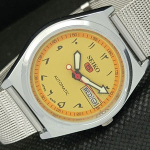 Vintage refurbished Seiko 5 automatic 6309a Japan mens day/date arabic yellow dial watch 583c-a306550-4