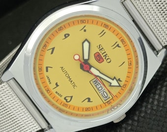 Vintage refurbished Seiko 5 automatic 6309a Japan mens day/date arabic yellow dial watch 583c-a306550-4