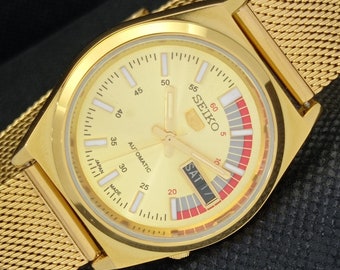 Orologio Seiko 5 automatico 6309a vintage rinnovato da uomo giapponese con quadrante dorato placcato oro giorno/data a309519-1