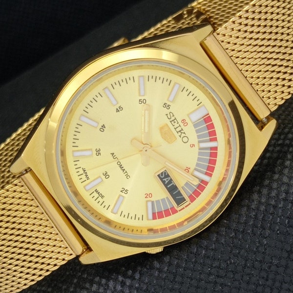 Vintage refurbished Seiko 5 automatic 6309a Japan mens day/date gold plated golden dial watch a309519-1