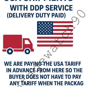 May include: A graphic with text stating "WE DISPATCH USA SHIPMENTS WITH DDP SERVICE" and "WE ARE PAYING THE USA TARIFF". Includes a red truck illustration and the American flag.