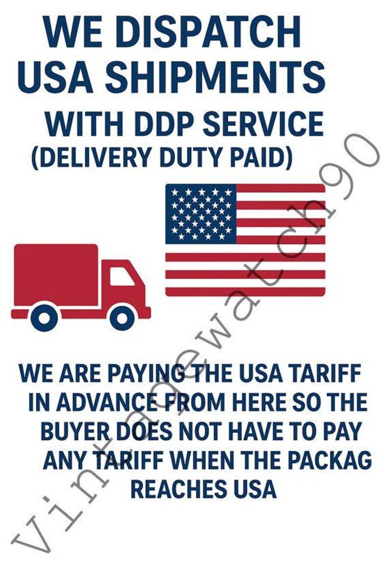 May include: A graphic with text stating "WE DISPATCH USA SHIPMENTS WITH DDP SERVICE" and "WE ARE PAYING THE USA TARIFF". Includes a red truck illustration and the American flag.