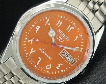 Vintage Seiko 5 automatisk dag/datum renoverad Japan 6309a herrarmbandsur med arabisk orange urtavla och transparent baksida a442396-1
