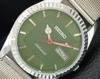 Vintage Seiko Automatik 6309a Japan Refurbliert Herren Day / Date Grüne Farbe Zifferblatt Transparent Zurück Armbanduhr A443157-1