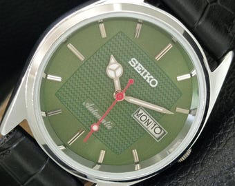 Vintage Seiko Automatik 6309a Refurbished Japan Herren Day / Date Grüne Farbe Zifferblatt Transparent Zurück Armbanduhr A443205-1