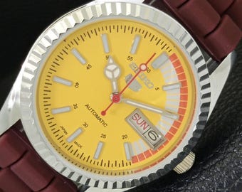 Reloj de pulsera automático vintage Seiko 5 6309a, reacondicionado, japonés, para hombre, con día/fecha, esfera amarilla, fondo transparente, a440712-1