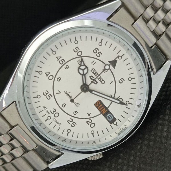 Vintage refurbished Seiko 5 automatic 6309a Japan mens day/date white dial watch 610e-a318612-4