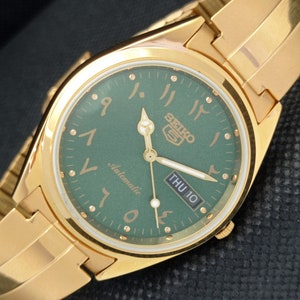 Vintage refurbished Seiko 5 automatic 6349a Japan mens day/date arabic green dial gold plated watch 594b-a312105-1