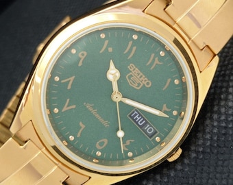 Vintage refurbished Seiko 5 automatic 6349a Japan mens day/date arabic green dial gold plated watch 594b-a312105-1