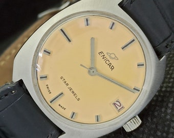 Rare Vintage Enicar star jewels winding swiss mens date beige watch 530c-a282713-1