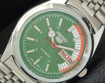 Automatic Vintage Seiko 5 6309a Refurbished Japan Mens Day/Date Green Color Dial Transparent Back Wrist Watch a440753-1