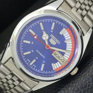 Vintage Seiko 5 Automatik 6309a Refurbished Japan Herren Day / Date Blaue Farbe Zifferblatt Transparent Zurück Armbanduhr A416353-1