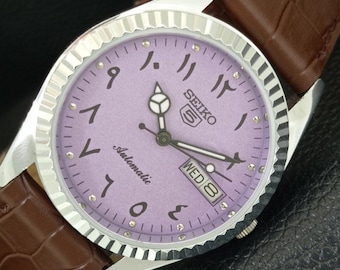 Vintage Seiko 5 automatisch Japan 6309a gerenoveerd heren dag/datum Arabisch cijfer paarse kleur wijzerplaat transparante achterkant polshorloge a443899-1
