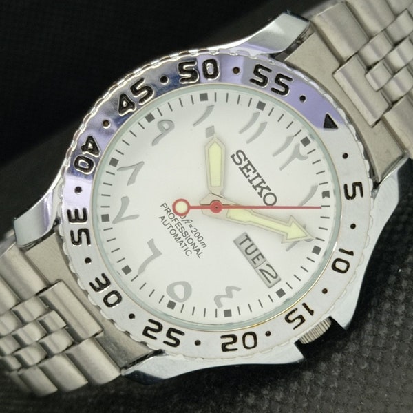 Vintage refurbished Seiko 5 automatic Japan mens day/date arabic white dial watch 587c-a308945-4
