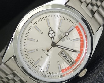 Vintage Seiko 5 Automatic 6309a Refurbished Japan Mens Day/Date Silver Color Dial Transparent Back Wrist Watch a440756-1