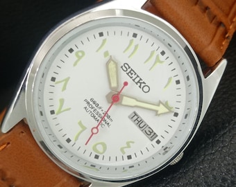 Klasyczny zegarek Seiko 5 Automatic, odnowiony, Japonia, 6309a, męski, arabski, z białą tarczą, z przezroczystym tyłem i dniem tygodnia, a442737-1