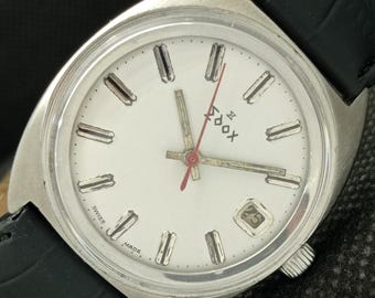 Reloj automático Edox vintage suizo para hombre con esfera blanca y fecha a425505-a
