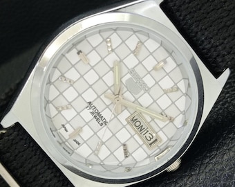Refurbliert Vintage Seiko 5 Automatik 6309a Japan Herren Day/Date Weiße Farbe Zifferblatt Transparente Rückseite Armbanduhr A440229-1