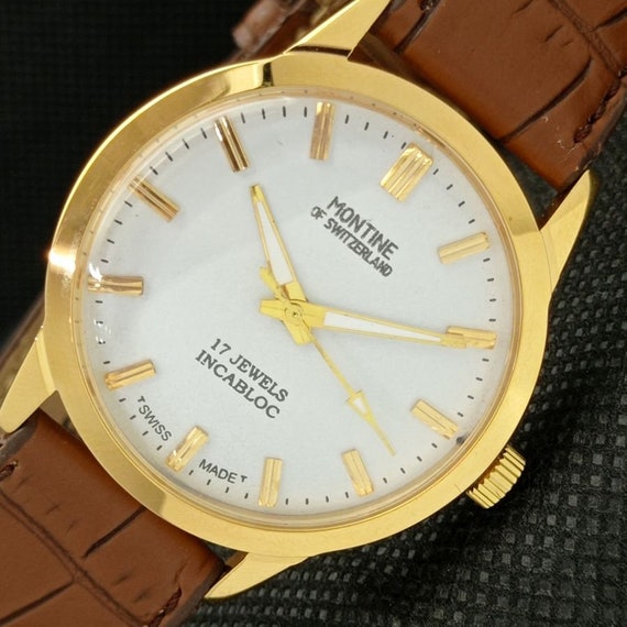 Gold Plated Vintage Montine 17 Jewels Incabloc Winding Swiss Mens White Dial Watch A285405 1 Etsy