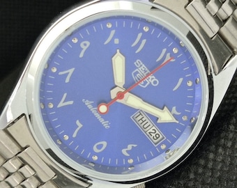 Vintage refurbished Seiko 5 automatic 6309a Japan mens day./date arabic blue dial watch 610e-a318893-4