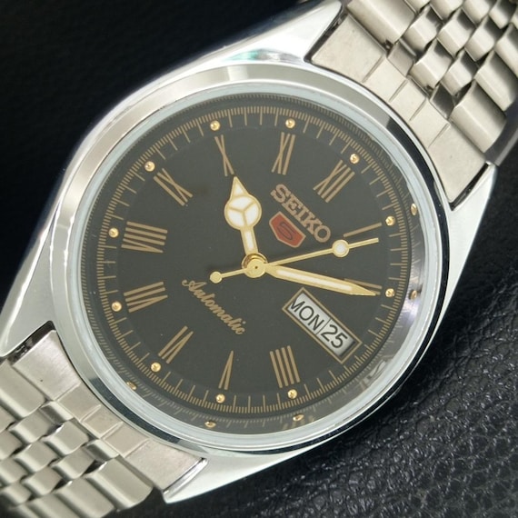 Vintage Seiko 5 Automatic 6309a Refurbished Japan Mens Day/Date Roman Figure Black Color Dial Transparent Back Jubilee Strap Watch a442119-1