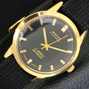 Gold Plated Vintage Montine 17 Jewels Incabloc Hand-Winding Swiss Mens Black Color Dial Wrist Watch a285402-1